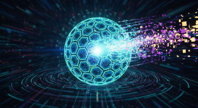 Abstract Digital Sphere with Hexagonal Grid Representing Artificial Intelligence Global Network and Data Security