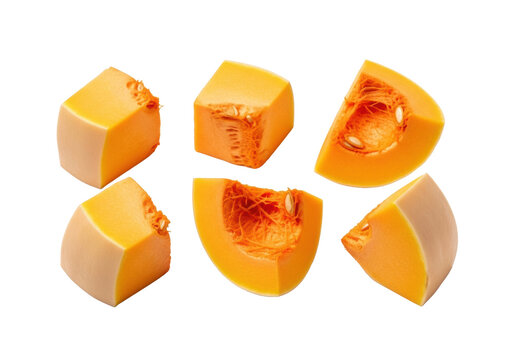 Six vibrant raw butternut squash chunks, freshly peeled, irregularly cut, isolated on a transparent studio background with copy space, healthy eating concept