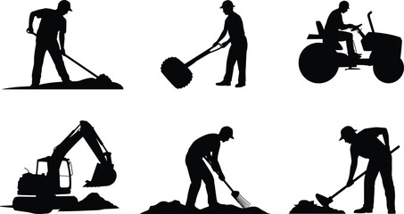 Construction and agriculture worker silhouettes set, farmer digging soil with shovel and rake, tractor driver and excavator vector illustration isolated on white © SreeKhamol