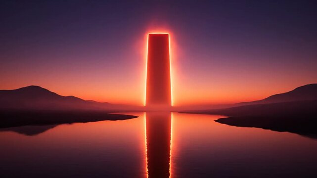 Radiant orange monolith reflecting in serene water at twilight with mountains in distance