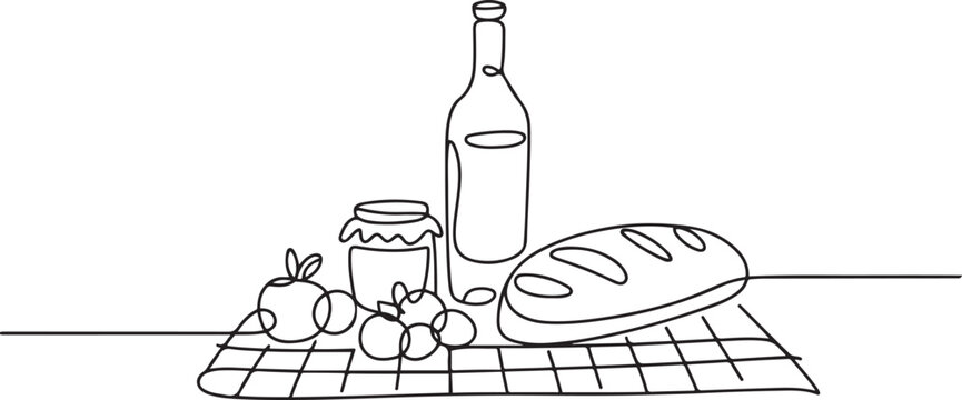  Summer food outdoors bottle of wine, bread, jam, fruit and blanket. one line art icon drawing vector