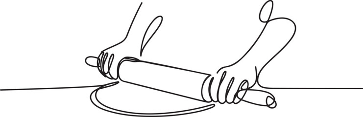 Obraz premium Continuous line drawing of chef hand rolling bakery pizza dough use wooden rolling pins. one line art icon drawing vector
