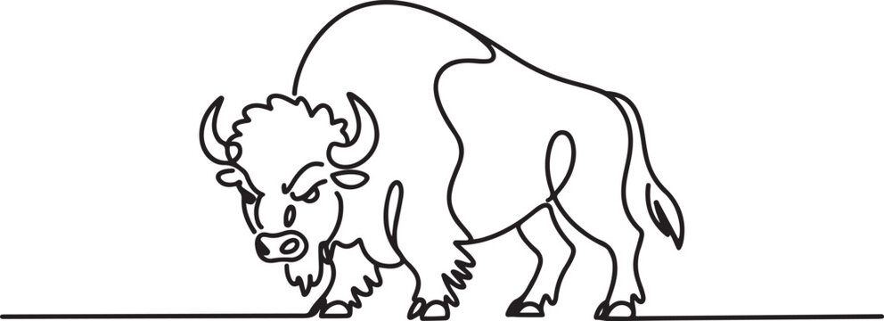 Continuous single line sketch drawing of angry bull cow buffalo wild mammal animal wildlife editable stroke. one line art icon drawing vector
