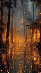 Fototapeta premium Enchanted forest glowing in warm golden sunset light with shimmering leaves and dancing golden spirits, creating a tranquil and magical ethereal atmosphere