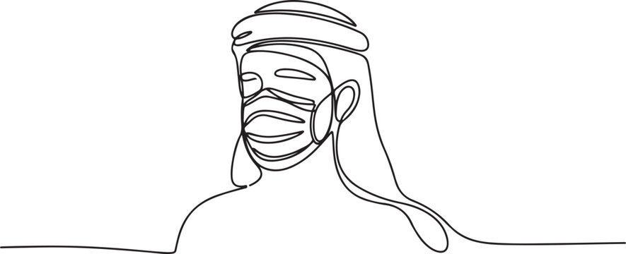 Continuous line drawing of arab man wearing surgical mask to protect disease, flu, air pollution, pandemic, virus. one line art icon drawing vector