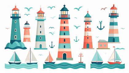 Colorful illustration of lighthouses standing tall along a coastal shoreline. isolated on transparent background © MDSUJON