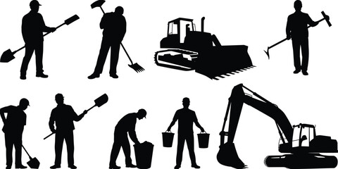 Construction worker and heavy machinery silhouettes set, builder with shovel and pickaxe, bulldozer and excavator equipment, industrial vector illustration isolated on white background © SreeKhamol