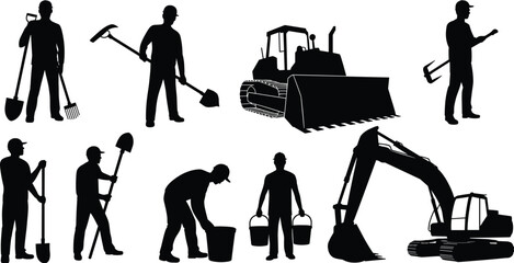 Construction worker and machinery silhouettes set, builder with shovel and pickaxe, bulldozer and excavator equipment, industrial labor vector illustration isolated on white background © SreeKhamol