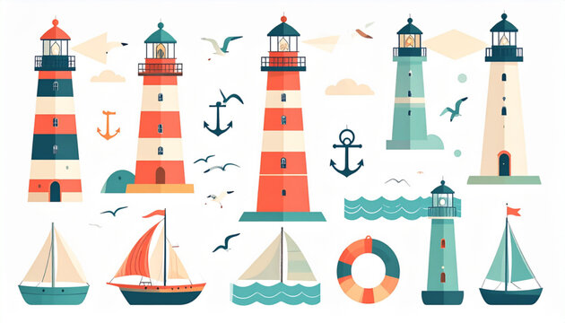 Colorful illustration of maritime safety and nautical life with lighthouses and boats isolated on transparent background