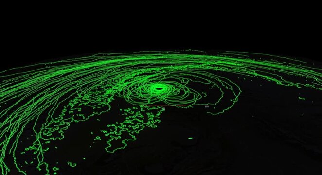 Digital radar scan lines tracing topographic map with neon green storm cell formation for world meteorological day and extreme weather monitoring