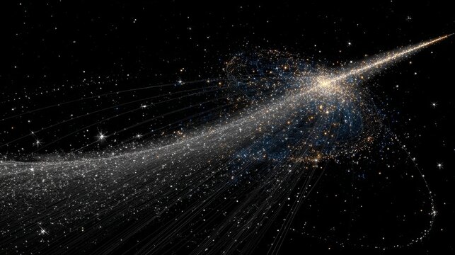 Shooting star streaking across the sky with sparkling star dust and a looping knotted trail, creating a magical cosmic scene filled with motion, light, and celestial wonder