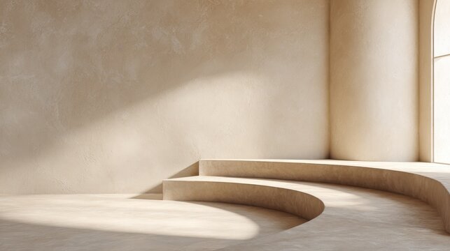 Minimalist beige plaster stage with curved platform, soft natural light casting gentle shadows, clean architectural elements, spacious composition, modern elegant design