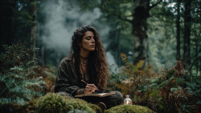 Serene forest scene with a woman holding crystal pendulum while writing in journal, surrounded by lush trees, soft mist, gentle sunlight, ethereal spiritual mood, peaceful and meditative atmosphere.