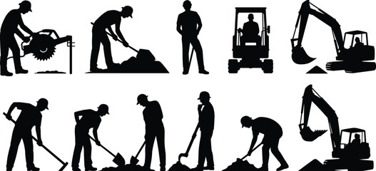 Construction worker silhouettes and heavy equipment set, builders digging with shovels and road cutter machine, excavator operator vector illustration isolated on white background © SREECHNA