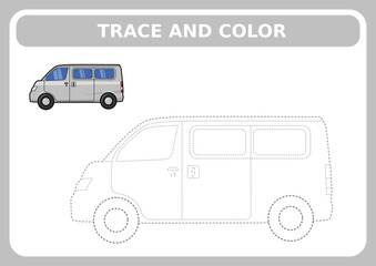 tracing and coloring worksheet of mini van for kids learning