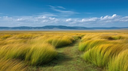 Obraz premium Serene Pathway Through Lush Golden Grasses Under a Clear Blue Sky Amidst Rolling Hills in a Tranquil Landscape