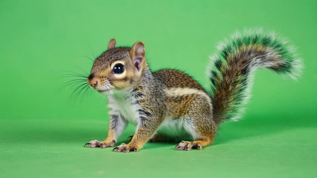 A curious squirrel stands on a green background in this video