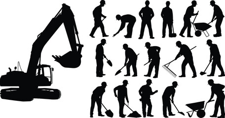 Construction worker silhouettes collection with excavator, builders digging and raking with shovel tools and wheelbarrow, industrial labor vector illustration isolated on white background © SREECHNA