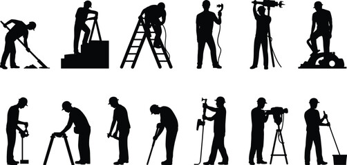 Construction worker silhouettes collection, builders using drill, jackhammer, ladder and shovel tools, industrial labor vector illustration isolated on white background © SREECHNA