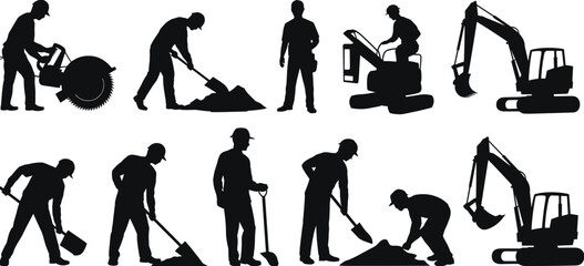 Construction worker silhouettes collection, builders with shovels and road cutter machine, excavator equipment and manual labor poses, industrial vector illustration isolated on white background © SREECHNA