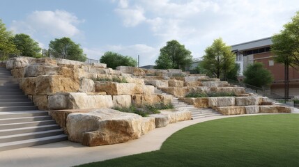 Fototapeta premium Serene Outdoor Space with Natural Stone Seating and Lush Green Lawn Surrounded by Trees Near Contemporary Building in Bright Daylight