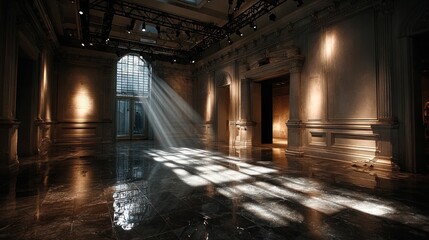 Grand hall, sunlight streams, marble floor, elegant architecture