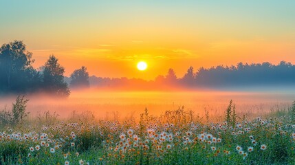 Dawn paints a misty field with golden light, framing trees