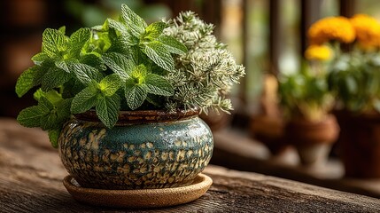 Potted herbs in rustic ceramic pot on a wooden surface, soft lighting