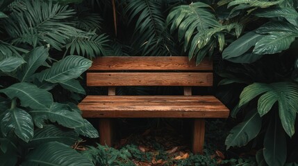 Serene wooden bench surrounded by lush green foliage in a tranquil garden setting, inviting peace and relaxation in nature&rsquo;s embrace