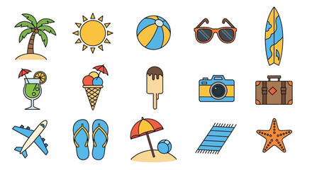 Colorful summer icons depicting beach essentials and vacation themes © UrbanVisuals