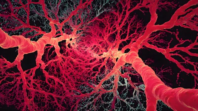 A highly detailed and colorful microscopic image showcasing the complex network of blood vessels and the intricate circulatory system within the human body