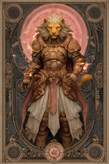 Obraz premium A highly detailed sci-fi blank identification card template featuring a cinematic portrait of a Lyran starseed. Fierce humanoid feline features, majestic golden mane, ancient galactic warrior garments