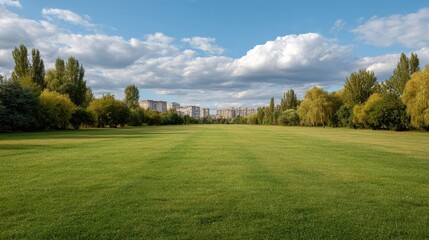 Expansive Green Field Surrounded by Trees Under a Bright Blue Sky with Fluffy White Clouds and Urban Landscape in the Background