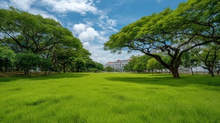 Lush Green Park Under Bright Blue Sky with Fluffy Clouds and Large Trees Surrounded by Fresh Grass in a Peaceful Outdoor Scene