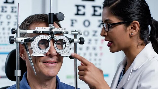 An experienced female optometrist meticulously performs a comprehensive eye examination on a male patient using a phoropter, ensuring precise vision correction in a modern optical clinic with a Snell.