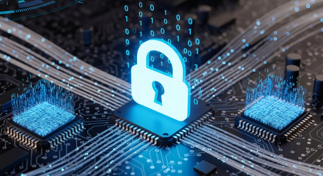 Digital security concept with a glowing padlock on a circuit board, symbolizing data protection, cyber defense, and privacy in an interconnected technological world