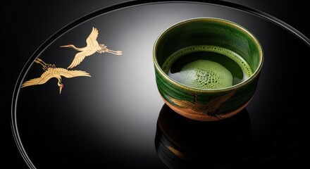 Premium Matcha in Traditional Japanese Tea Ceremony Setting with Lacquerware Background