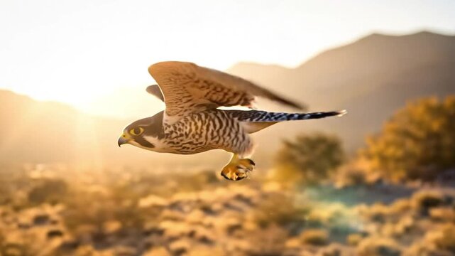Peregrine falcon in dynamic flight with wings spread and talons extended over a golden desert at sunset