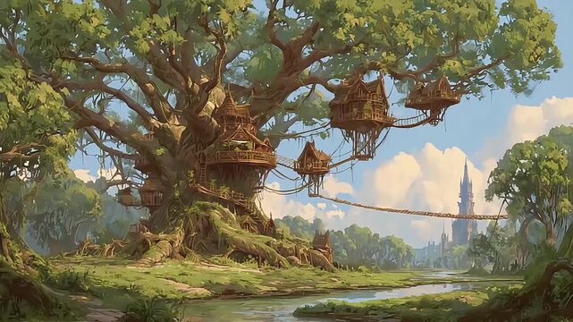 A whimsical treehouse village evokes wonder and adventure, perfect for fantasy-themed content.