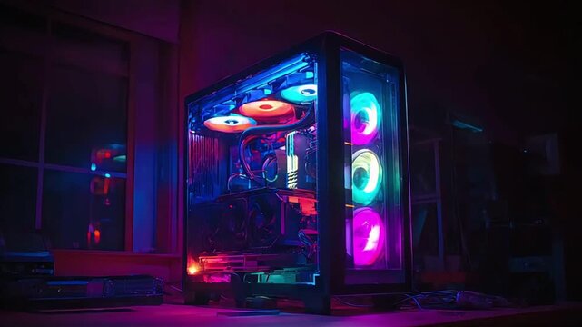 A sleek gaming PC illuminated with vibrant neon lights creates an exciting atmosphere perfect for tech enthusiasts.