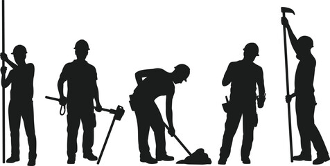 Construction worker silhouettes set, builders with shovel and hammer tools, manual labor poses in industrial engineering concept, vector illustration isolated on white background © SREECHNA