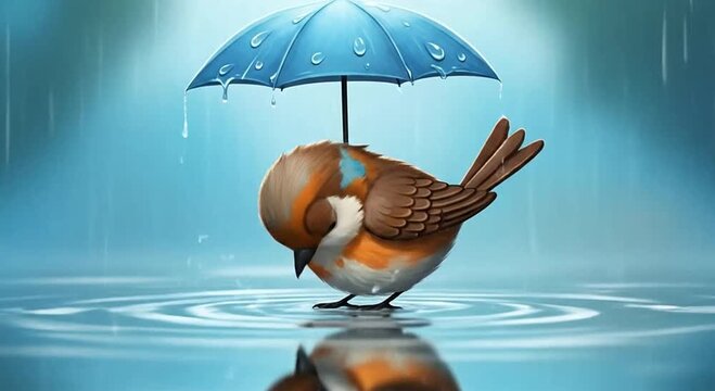 A cute cartoon robin bird holding a blue umbrella standing in water with reflections during a light rain shower