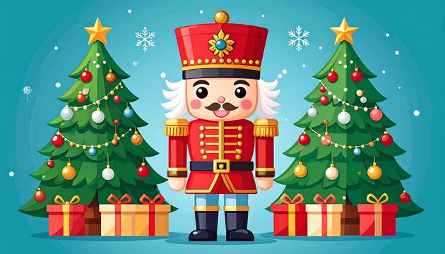 A festive illustration showcasing a nutcracker figurine standing between decorated Christmas trees, presents, and snowflakes