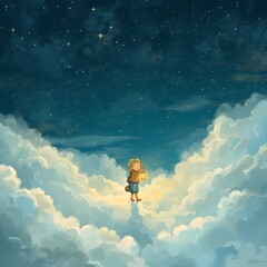A Little Child Walking on the Fluffy White Cloud in the Starry Night Sky