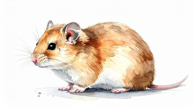 Detailed watercolor illustration of a Japanese dormouse in a full body side view, featuring its large dark eyes and soft fur texture with warm golden brown tones on a white background.