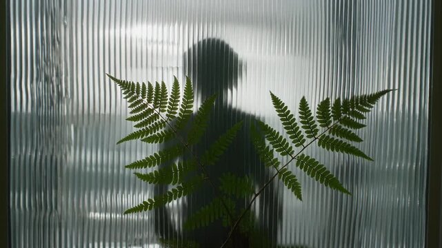Silhouette Of Person Behind Ribbed Glass And Fern Leaf