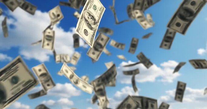US dollar banknotes raining down from a cloudy blue sky
