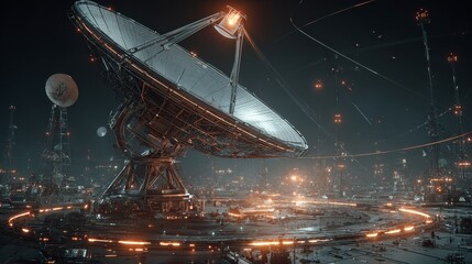 Futuristic 3D satellite dish detecting risks with glowing lines, holographic effects, colorful orange and yellow highlights, dark high-tech background, advanced digital monitoring concept.