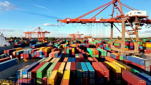 High-quality video of a container port with colorful shipping containers and cargo cranes. Industrial logistics scene showing global trade, cargo transportation, import and export operations, and mari