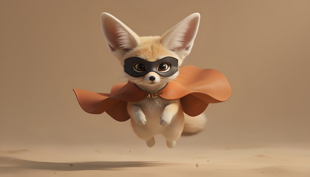 Fennec fox wearing superhero mask and cape, leaping over sand
